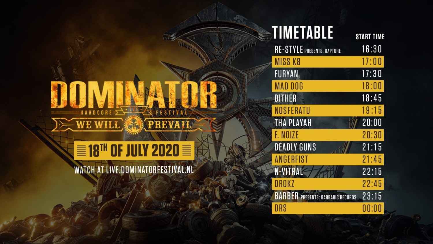 Party nieuws: Dominator maakt timetable We Will Prevail bekend!